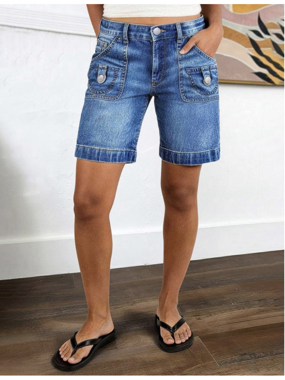 Flamingals Jean Mid Waist Stretchy Patch Pocket Pockets Shorts for Women S